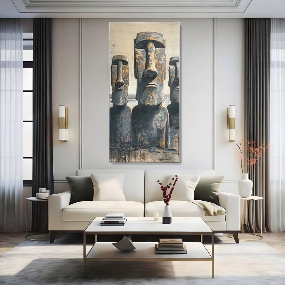Tablou canvas cu statui moai din piatra, in rama de aluminiu argintiu, pe perete intr-un living